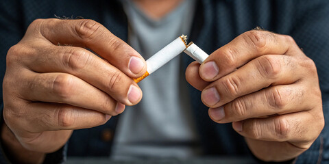 close-up of male hands breaking a cigarette in half for promoting anti-smoking