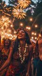 © CybStars - Joyful woman dancing at a vibrant festival celebrating culture with colorful lights and decorations. Perfect for festive, celebration themes.