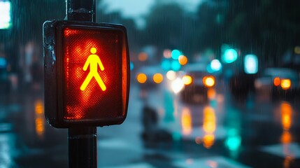 A rainy scene featuring a pedestrian traffic light glowing red at an urban crosswalk, blurred cars in the background, showcasing city life.