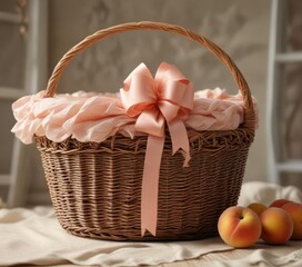 Wall Mural - Soft peach-colored ribbon wrapped around a wicker basket, bohemian, natural