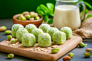 Pistachio energy bites arranged on a wooden board with milk and pistachios in a cozy kitchen setting