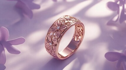 A rose gold engagement ring with intricate floral engravings placed on a pastel lavender backdrop