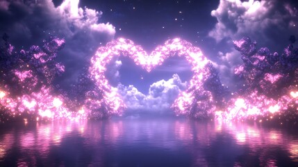 Wall Mural - Celestial Heart Shaped Cloudscape Over Water