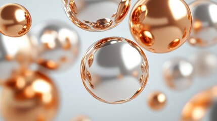Silver, copper spheres floating, bokeh background, 3D render, abstract