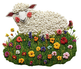 Wall Mural - PNG A sheep on a grassy flowers hill embroidery livestock animal.