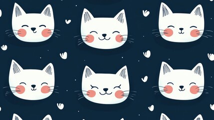 Wall Mural - Cute white cats seamless pattern, dark background, textile design