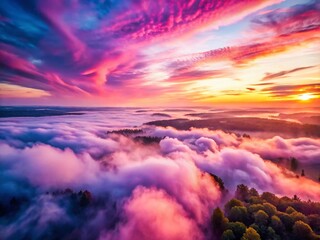 Wall Mural - Aerial Drone Shot: Soft Pink & Purple Watercolor Sky, Dreamy Pastel Landscape