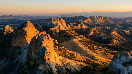 Wall Mural - Sunset over a mountain range, warm golden hues casting long shadows over jagged peaks and rolling hills in the distance