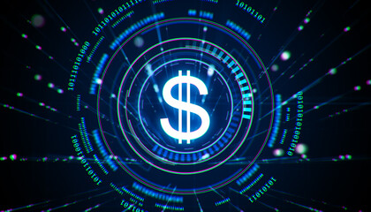 Wall Mural - Glowing USD Dollar Symbol with Binary Code on Futuristic Digital Background. 3D Rendering