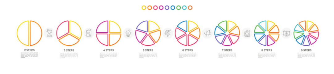 Vector infographic circles set divided radius. Segments of circle with 2 to 9 pieces. Modern colors diagram. Divided line circle sections circle set. for data analysis, web, presentation.