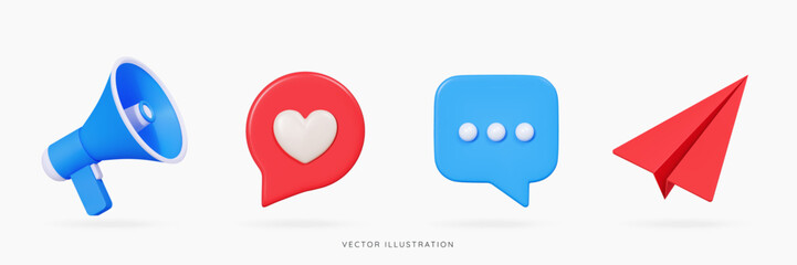 3D Social media icon set. Blue megaphone, speech bubble message and red like, paper airplane. Digital marketing and online communication. Cartoon design icons isolated on white. 3D Vector illustration