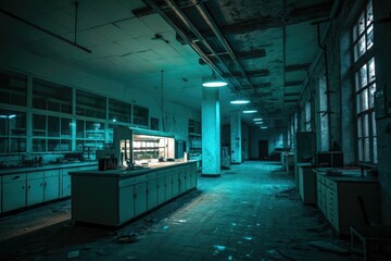 Wall Mural - Teal glow casts an eerie ambiance on a dark abandoned laboratory filled with mysterious equipment, abstract, background