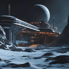 space station on a distant moon with a large planet looming in the night sky. generative ai
