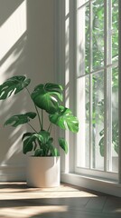 Wall Mural - a potted monstera obliqua plant by the window in minimalist style of indoor plants