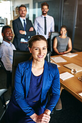 Aufkleber - Woman, smile and portrait in office with team, business meeting and about us with confidence. Leadership, professional or employees in agency with support, company development or mentor in workshop