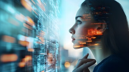 woman and digital world: a young woman's profile is superimposed with a futuristic digital cityscape