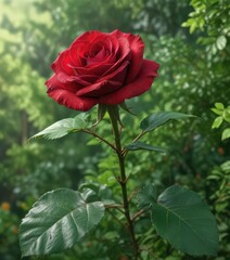 Wall Mural - The intricate details of a single red rose are visible against the vibrant green background of a bush, foliage, verdant