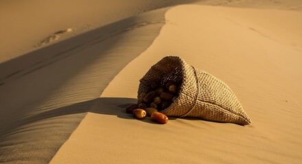 A woven bag filled with dates resting on a sand dune in the desert.