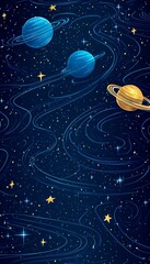 Wall Mural - cosmic dance an illustrated pattern of a blue night sky with planets and twinkling stars