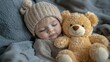 © Rinowz - A child cuddling a fluffy teddy bear, feeling safe and cozy in a warm and peaceful bedroom.