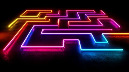 Colorful gradient 3d rainbow neon lights maze tubes dark background illustration background	
