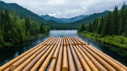 Wall Mural - A serene and picturesque scene of a forest river with floating wooden logs drifting peacefully across the calm waters surrounded by lush green trees and towering mountains in the distance