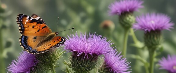 Wall Mural - tiny butterfly on a thistle violet with pollen, botanical, insect photography, thistle violet