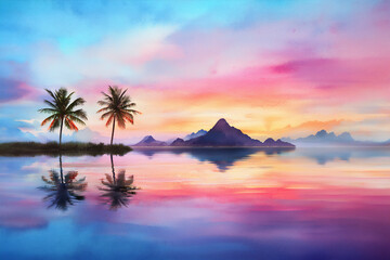 Sticker -  tropical island sunset watercolor view