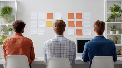 Poster - Three Diverse Men Engaged in Creative Brainstorming Session in Modern Office with Post-it Notes on Wall