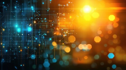 Fototapete - Futuristic Digital Background with Glowing Circuits and Bokeh Light Effects in Blue and Orange Tones