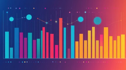 Leinwandbilder - Colorful Abstract Data Visualization with Vibrant Bar Graphs and Circular Dots on Dark Background