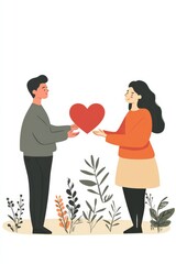 Wall Mural - Cartoon Illustration of Couple Exchanging Heart on White Background for Happy Valentine's Day, Symbolizing Love and Affection.