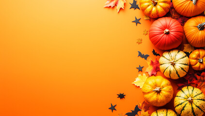 Wall Mural - Halloween Flat Lay with Pumpkins, Bats, and Autumn Leaves on an Orange Background, Creating a Festive and Spooky Atmosphere with Copy Space