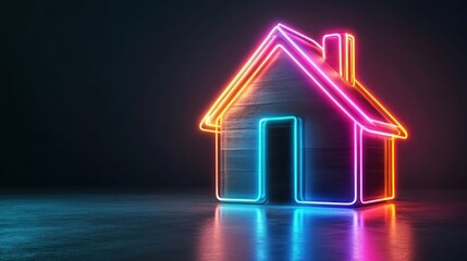 Aufkleber - Neon Light House with Bright Colors Glowing in a Dark Environment for Eye-Catching Home Decoration Ideas