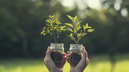 Wall Mural - Hands holding saplings in jars, park background, new life