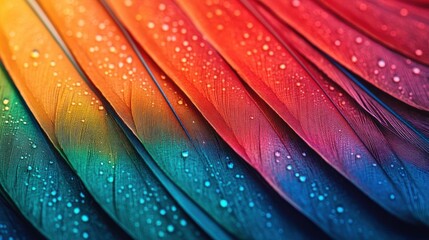 Poster - Vibrant Rainbow Feather Texture with Water Droplets Captured in Close-Up Displaying Nature’s Colorful Beauty