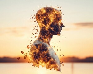 Aufkleber - Futuristic Human Silhouette with Energy Particles at Sunset for Inspirational and Creative Concepts