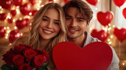 Wall Mural - Australian Couple Celebrating Valentine's Day with Red Roses Bouquet and Hearts in Decorative Room Photo.Fictional Character Created By Generative AI