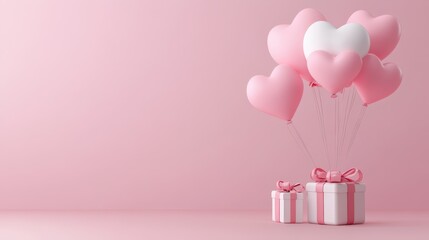 Poster - Valentine's Day Gift Boxes and Heart-Shaped Balloons on Pink Background and Copy Space.