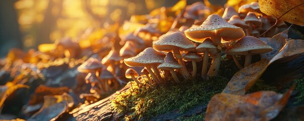 Wall Mural - Golden hour forest nature concept. Vibrant mushrooms growing on a mossy log, surrounded by autumn leaves and soft sunlight.