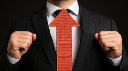 Aufkleber - Confident Businessman with Orange Arrow Symbolizing Growth and Success in Professional Attire Against Dark Background