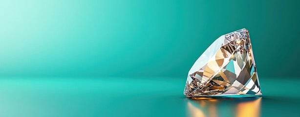 Poster - Brilliant diamond gemstone on a smooth turquoise background, reflecting light and showcasing elegance and luxury.