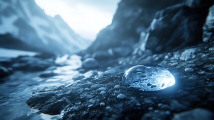 Aufkleber - Glimmering Water Droplet on Rocky Surface with Mountains in Background and Soft Reflections in Misty Atmosphere