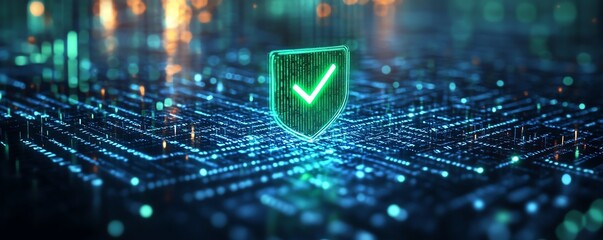 A futuristic digital shield with a green checkmark, surrounded by a secure network of binary codes and encrypted data, symbolizing cybersecurity and threat management