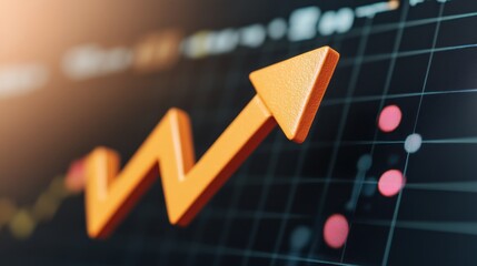 Aufkleber - Bright Orange Arrow Representing Financial Growth on Digital Chart With Data Visuals and Analytics Elements
