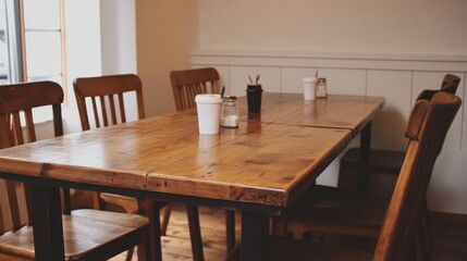 Poster - Rustic wooden dining table and chairs in a cozy cafe interior with minimal decoration and natural light