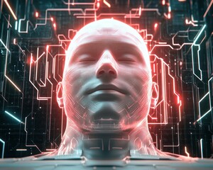 Poster - Futuristic Concept of a Human-like Robot with Abstract Circuit Patterns in Neon Colors and High-tech Elements