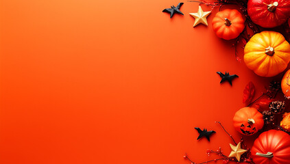 Wall Mural - Vibrant Halloween Flat Lay with Pumpkins, Bats, and Stars on a Bold Orange Background with Copy Space