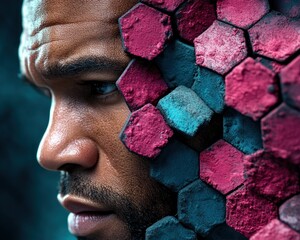 Poster - Intense Profile of Man with Colorful Hexagonal Pattern Emerging from His Face in Abstract Art Style