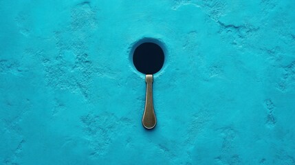 Aufkleber - Close-Up of Round Black Hole with Metal Handle on Textured Turquoise Wall Background for Unique Interior Design Concepts